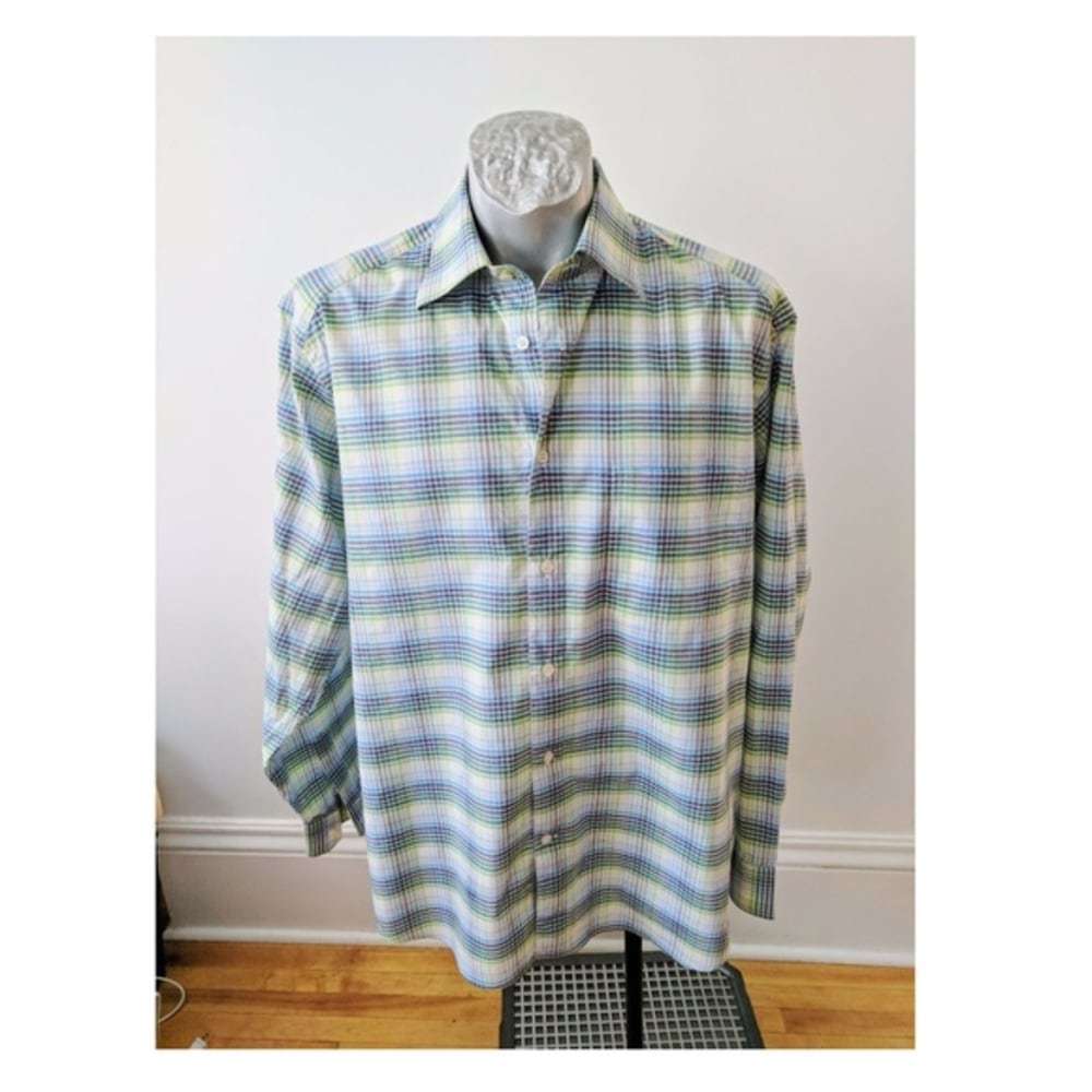 Zegna Sport Green Blue Plaid Mens Shirt Sz L